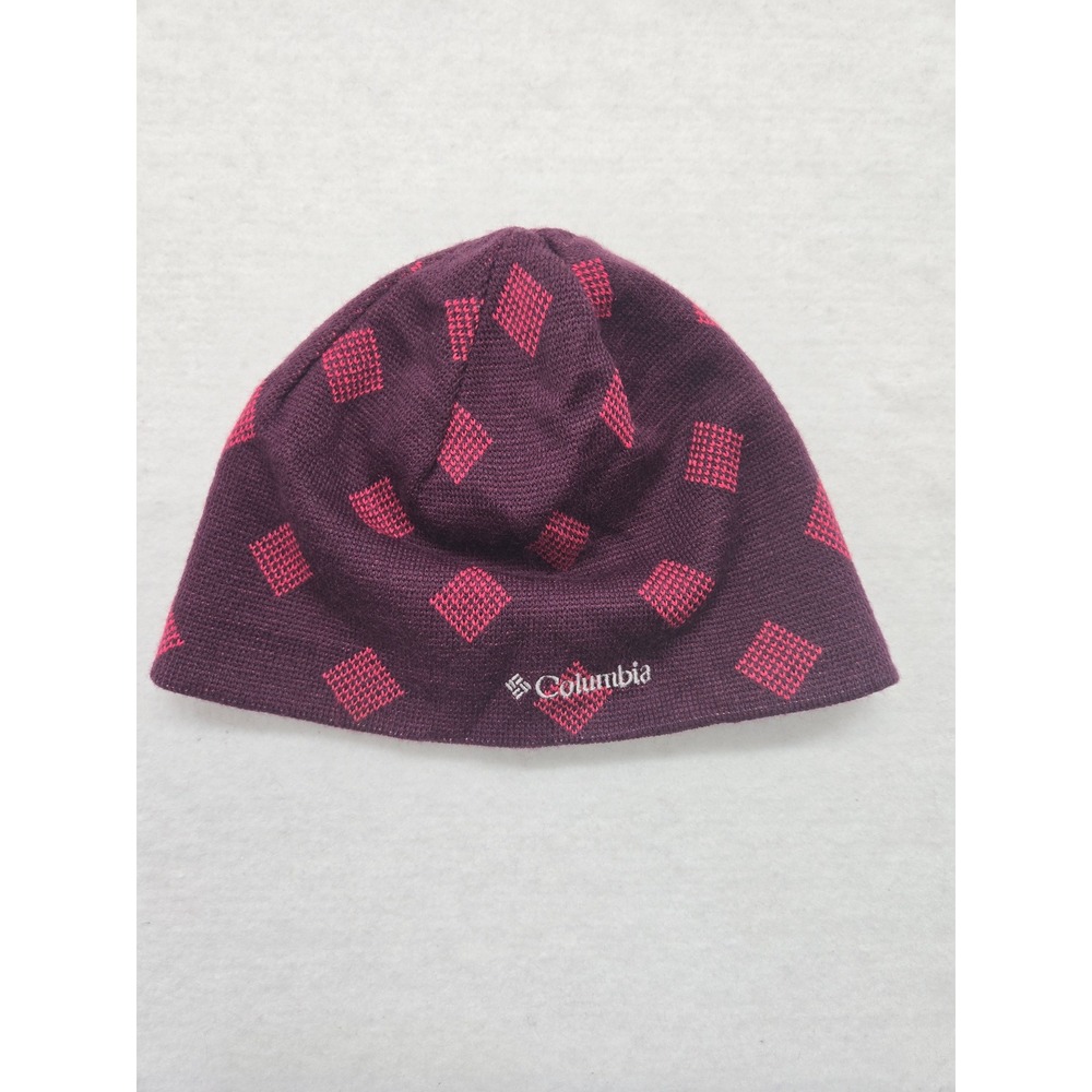 Columbia Fleece Beanie Hat Plum Diamond Pattern Lightweight Winter‎ Adult